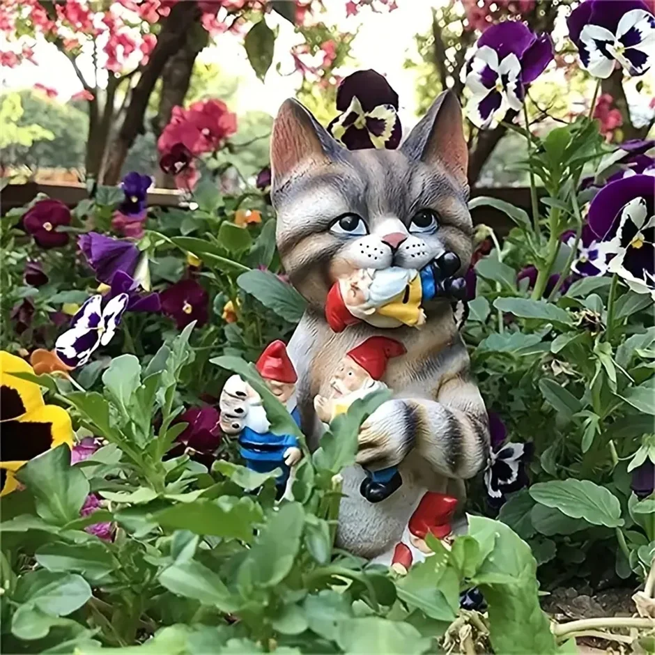 Gnome-Munching Mischievous Cat Resin Hilarious Cat-Eating Gnome Statue Garden Sculptures Statues For Housewarming Cat Lovers resin ornaments garden statue garden decoration resin statue resin handicraft ornaments resin ornament animal ornaments