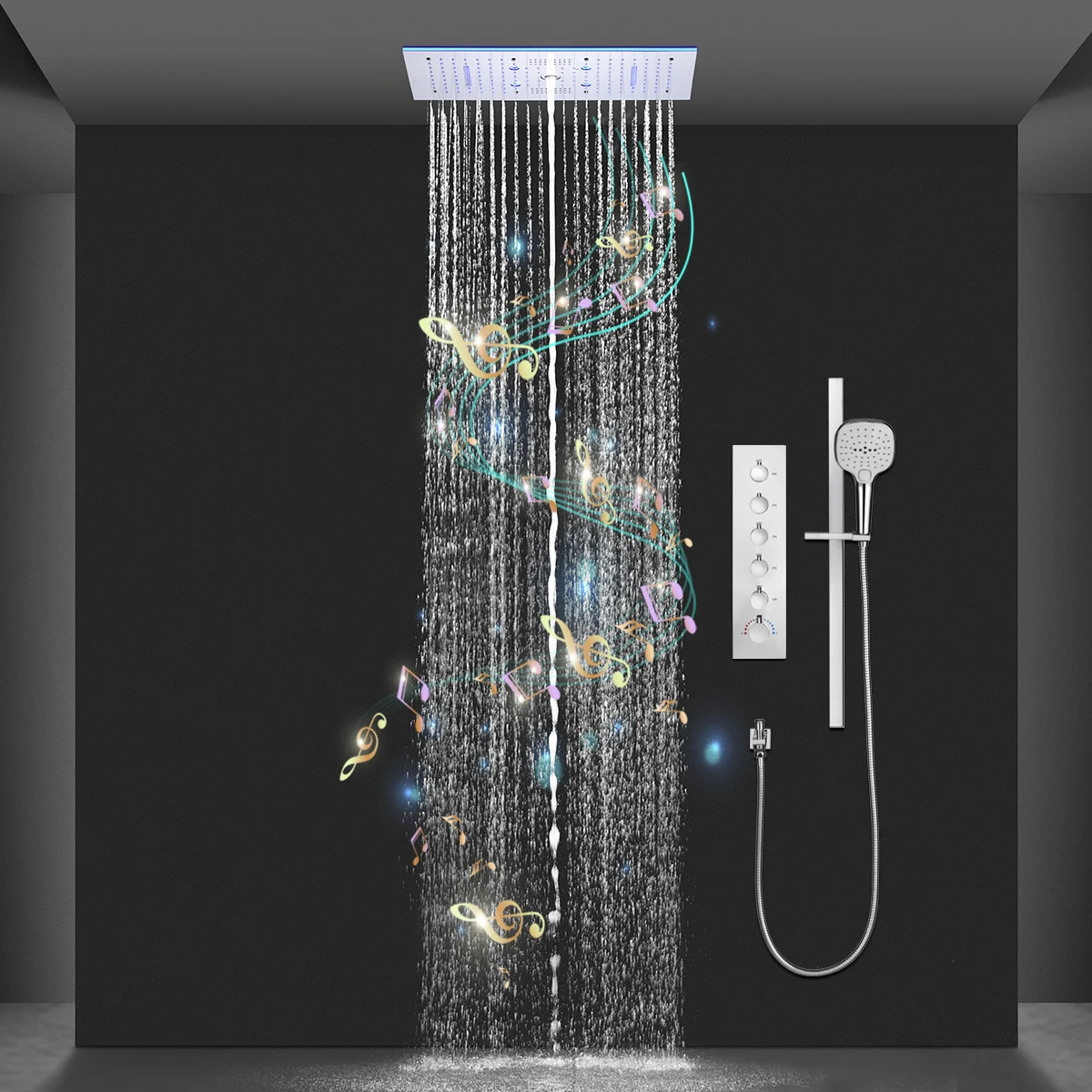 24x12Inch 600x300mm Music RGB LED Shower Head Panel Faucet Set Constant Temperature Thermostatic Vertical Mixer Valve System