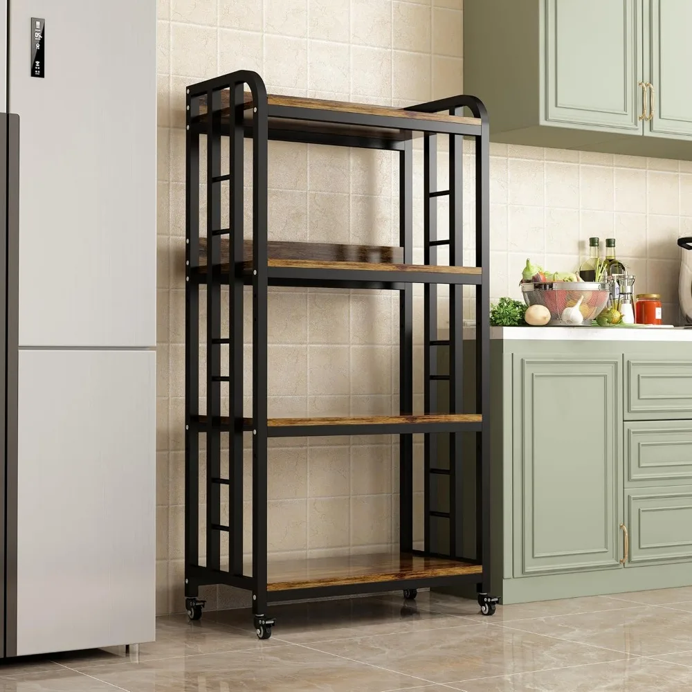 4-Tier Kitchen Baker's Rack with Rolling Wheels, Microwave Oven Cart Stand, Adjustable Utility Shelving Storage Unit - Image 4