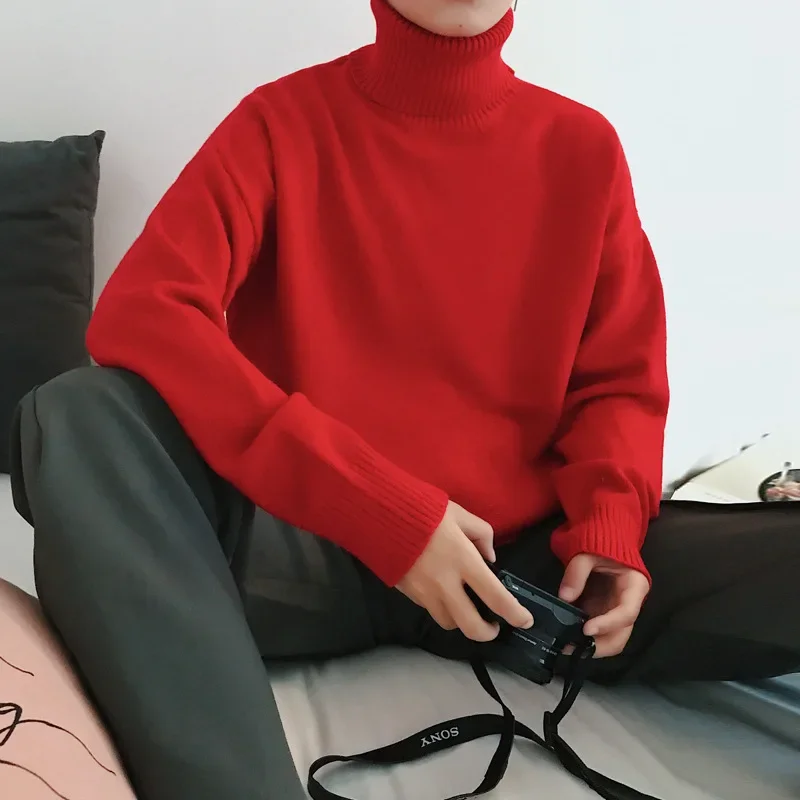 2022 New Men Winter Loose Knitted Sweater Turtleneck Tops Solid Oversize Sweater Male Fashion Long Warmth Streetwear M-XXL
