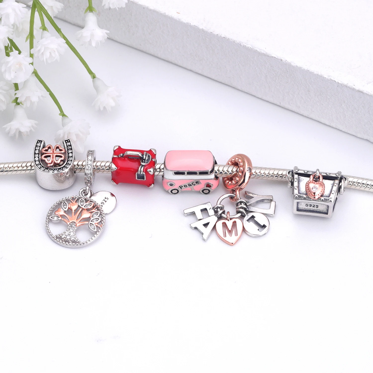 925 Sterling Silver Bead Rose Clover Horseshoe Charm Fit Pandora Bracelet Necklace DIY Women Jewelry
