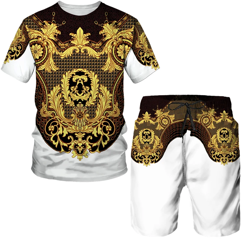 

Men's Summer Luxury Golden Pattern T-Shirts+Shorts Sets Vintage 3D Printed Two Piece Suit Fashion Jogger Male Streetwear Clothes