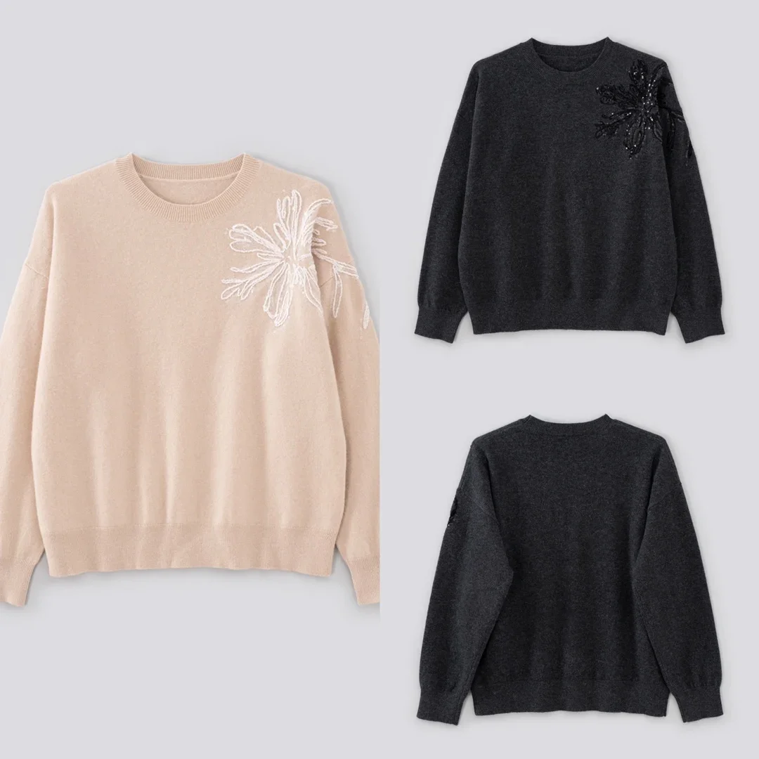 

Women's Sweater 2023 New 100% Cashmere Embroidery Sequin Floral O-Neck Casual Fashion Long Sleeve Knitted Pullover