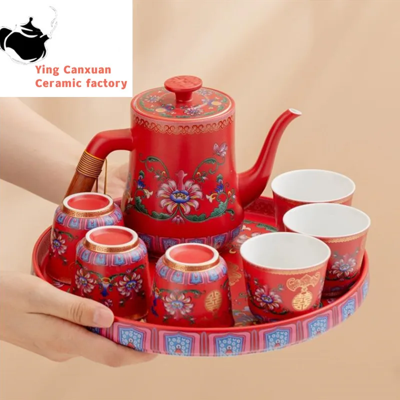 

High-grade Chinese Red Ceramic Tea Set Handmade Exquisite Color Enamel Teapot Teacup Round Tray Household Wedding Teaware Sets