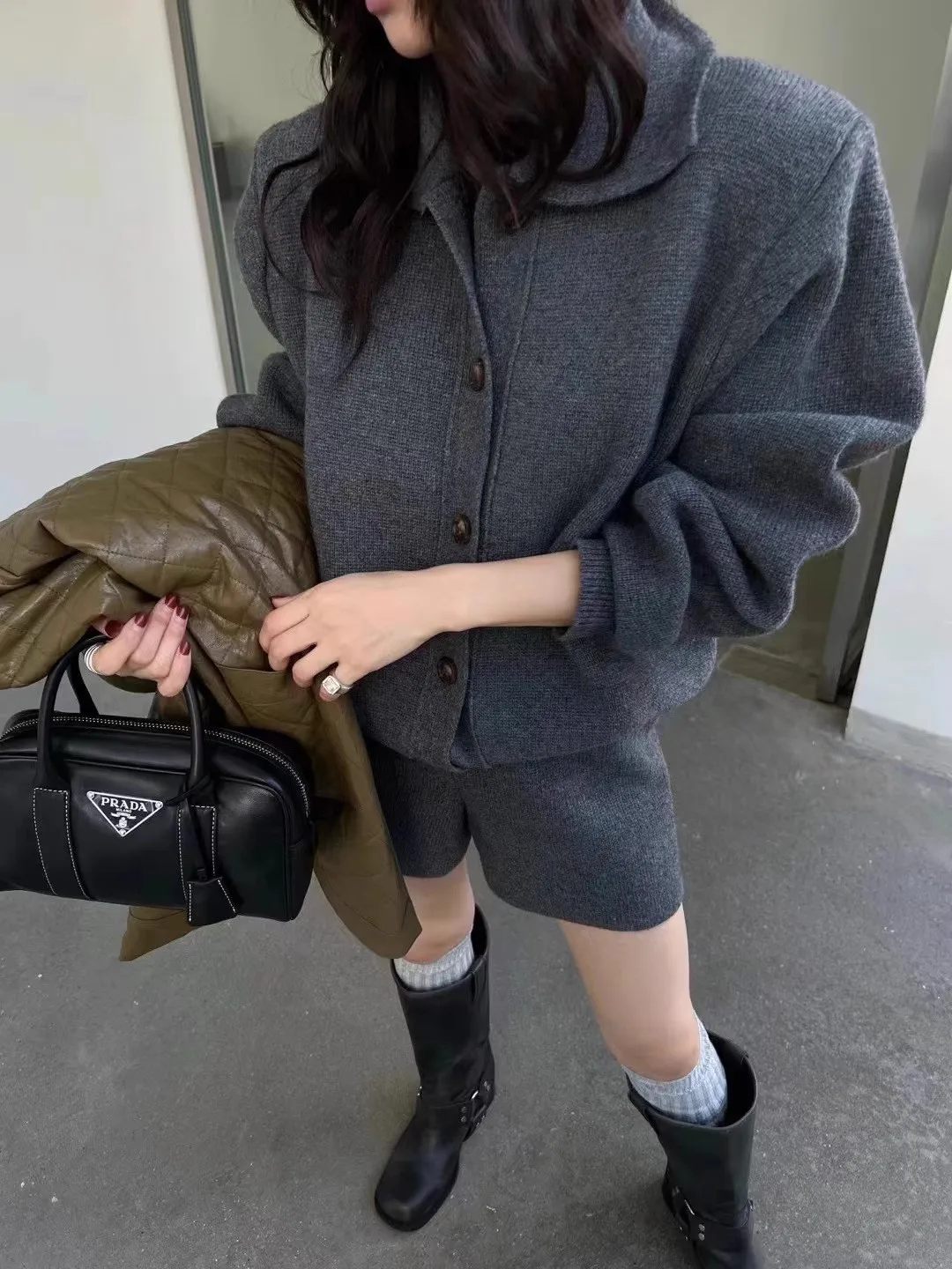 Autumn Winter New Two-piece Knitted Sets Single Breasted Sweater Top High Waist Shorts Korean Fashion Casual Outfits Solid Suit