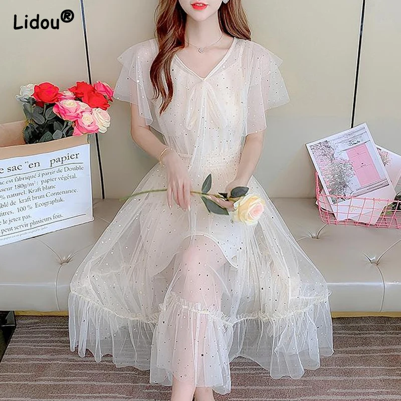 

Sequin Mesh Dress Female 2022 Summer Solid Color French Fairy Temperament Mid-length Short Sleeved Gauze Skirt Women's Clothing