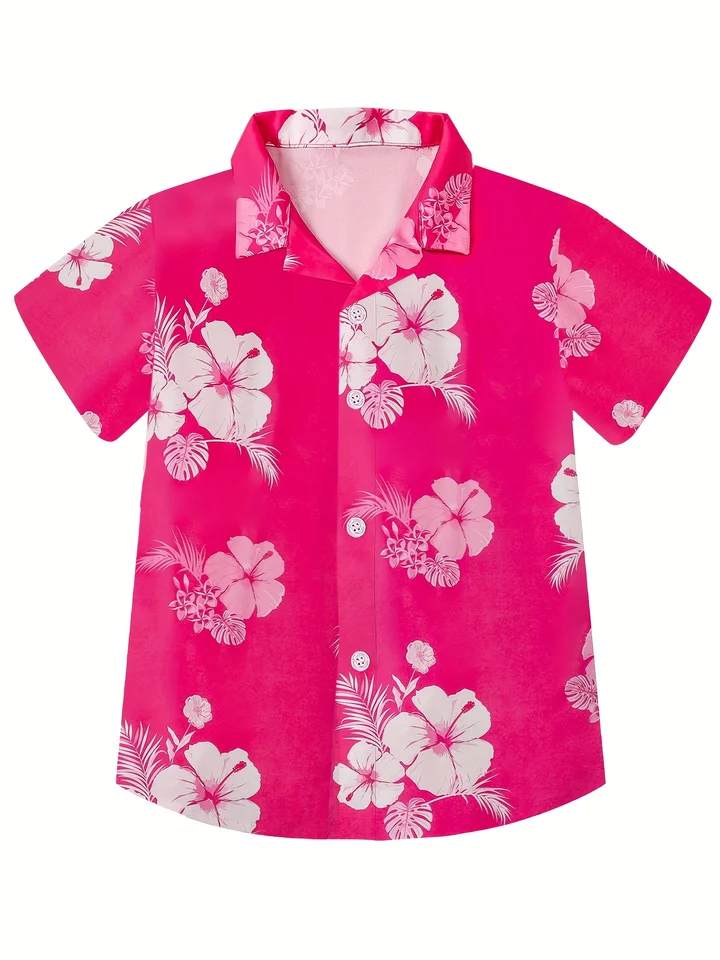 Hawaiian Shirt For Baby Boys - Floral Print Aloha Shirt With Lapel Collar