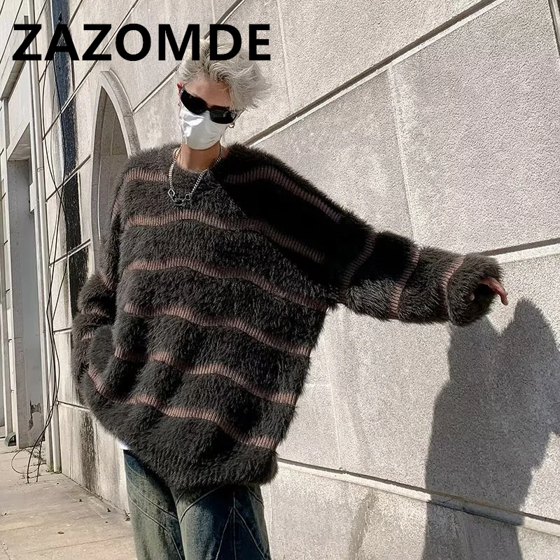 ZAZOMDE Winter Warm Soft Sweater Loose Trendy Loose Striped Jumper Round Neck Casual Knitted Oversized High Street Sweater Men