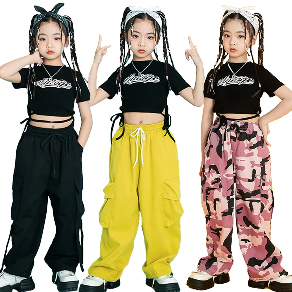 Lolanta Kids Girls' Jazz Croptop Jogger Pants Costume Outfit Hip-Hop Street Dance Camo Pants Suit Model Walk Show Stage Performance