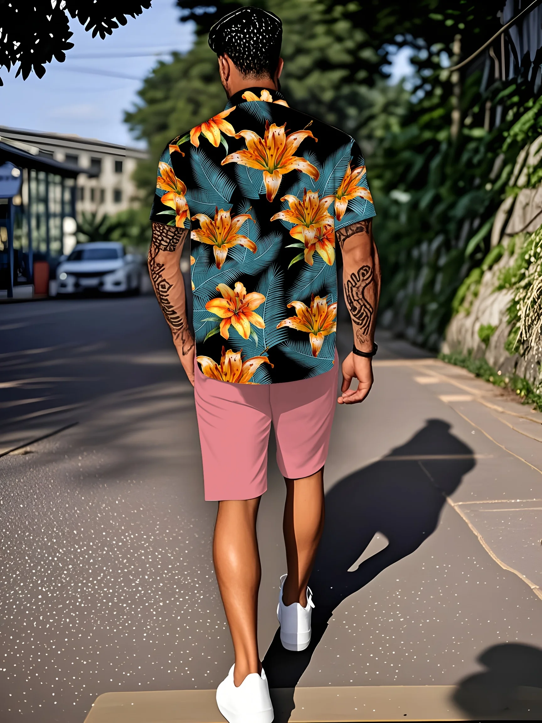 Hawaii Shirt & Shorts Set – Men’s Floral Summer Two-Piece green yellow back