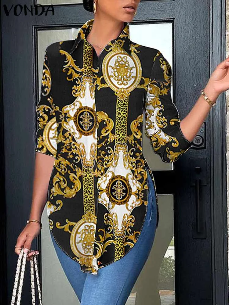 

VONDA Bohemian Asymmetrical Printed Shirts Women Long Sleeve Tops 2023 Autumn Buttons Vintage Blouses Casual Loose Blusas Femme