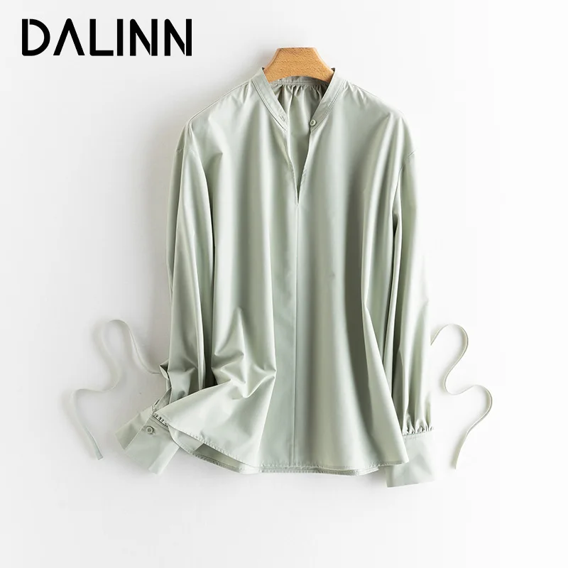 Woman Solid Loose Blouses, Lantern Sleeved, V Neck Chic Shirts, 2023 Fall Winter New Top, White, Green, DALINN