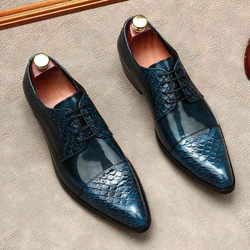 Men's Business Dress Shoes Genuine Leather Prom Wedding Shoes Large Size EUR37-46 Black Light Brown Blue Wine Red