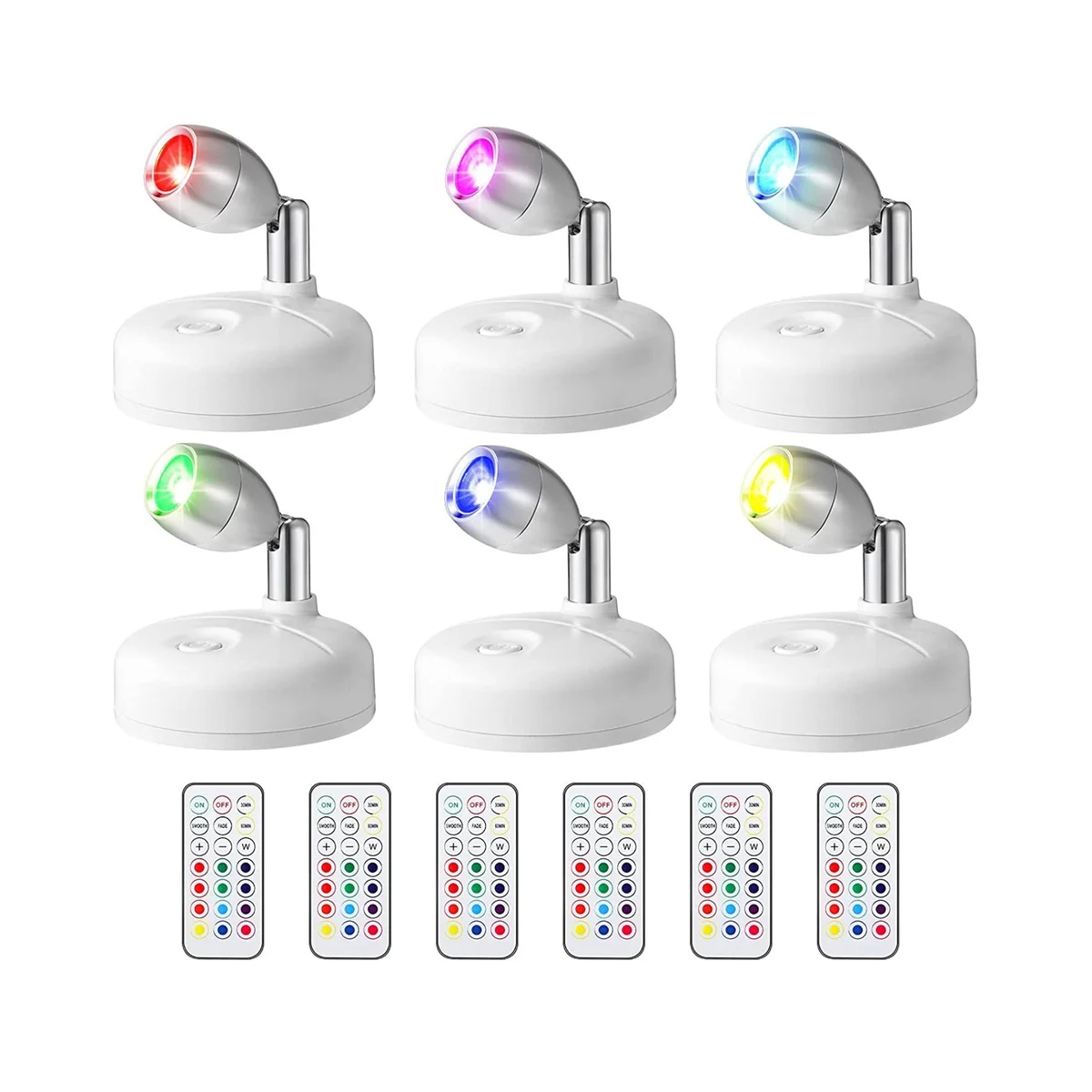 

6 Pcs RGB LED Spotlight with Remote, 13 Color Spotlight, Battery Operated Lights for Hallway Artwork Closet White