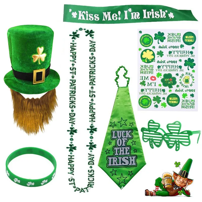 

7 Pcs St Patrick's Day Costume Set, Shamrock Top Hat with Beard Irish Sash Sticker for Leprechaun Costume Party Supplies Decor