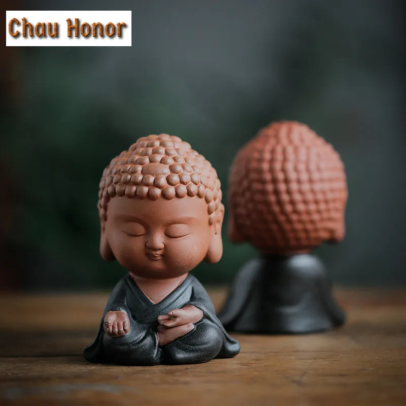 Purple Sand Small Buddha Tea Ornaments Decoration Color Sand Cute Samanera Tea-Soaked Tea Pet Tea Ceremony Tea Art Decorations