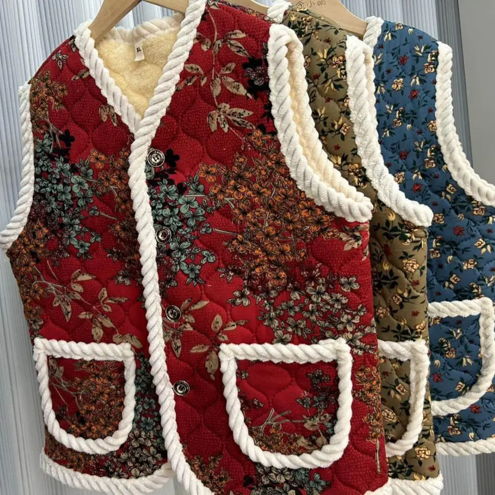 

Soft Women Vest Floral Print Padded Plush Vest Stylish Winter Cardigan with Windproof V Neck Pockets for Women Lightweight Women