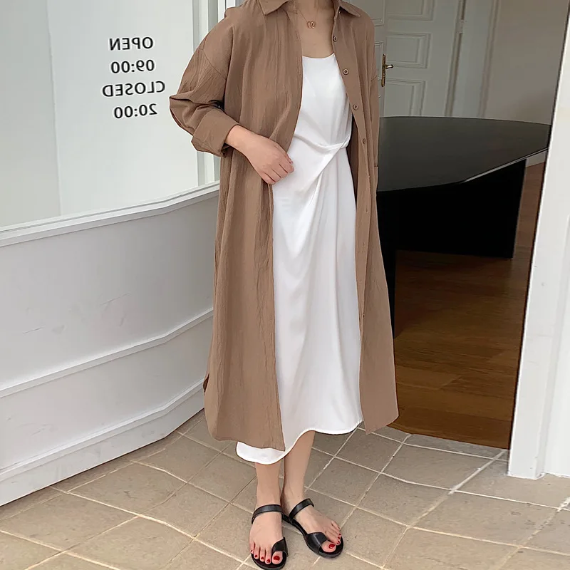 2023 new Long White Shirt Dress for Women Linen Cotton 2023 Spring Summer Casual Korean Clothing Vintage Oversized Midi Robe