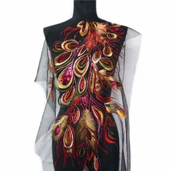 Elegant Sequin Embroidered Peacock Feather Lace Trim (Red)