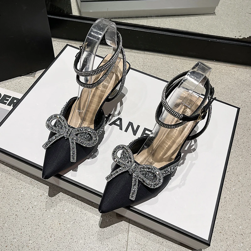 New Runway Style Glitter Rhinestones Women Pumps Crystal Bowknot Satin Summer Lady Shoes Genuine High Heels Party Prom Shoes