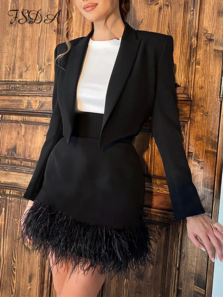 FSDATwoPieceSetVNeckCroppedBlazerAndHighWaistSkirt2022