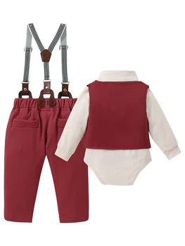 Baby Boy Clothes Wedding Outfit Suits, 0-18 Months Infant Boy Gentleman Set, Dress Shirt+Vest+Suspender Pants+Bowtie 2