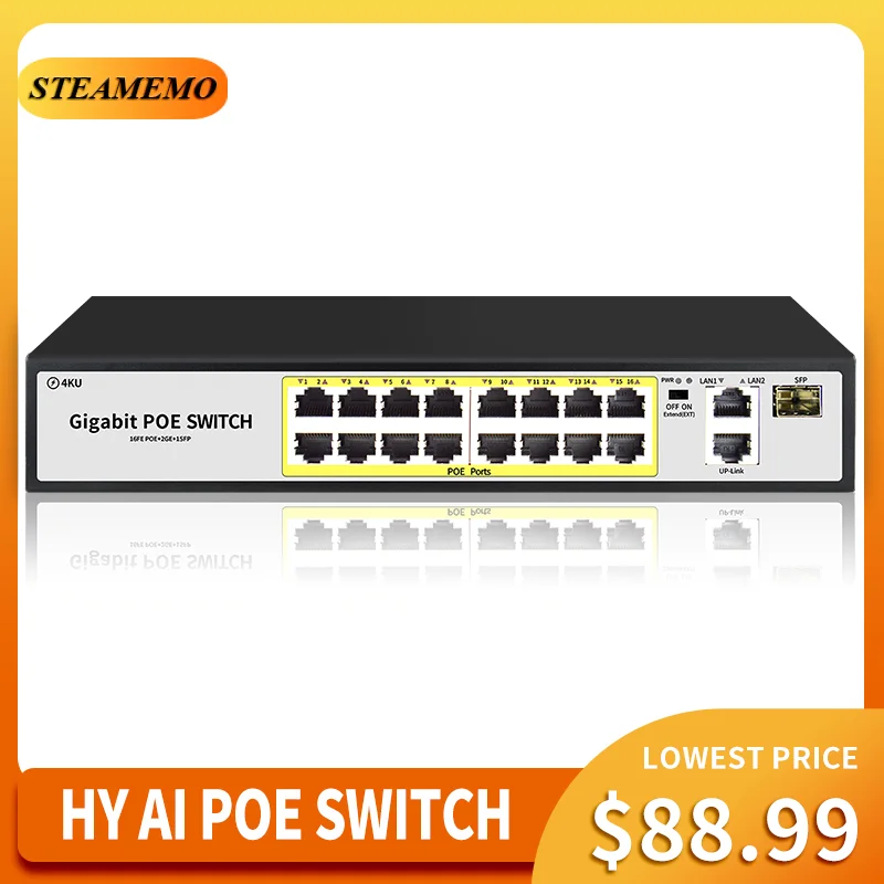 

STEAMEMO HY Series 16 Port AI POE Switch 1000M Uplinked 240W Built-in Power Supply Suitable for IP Camera/Wireless AP