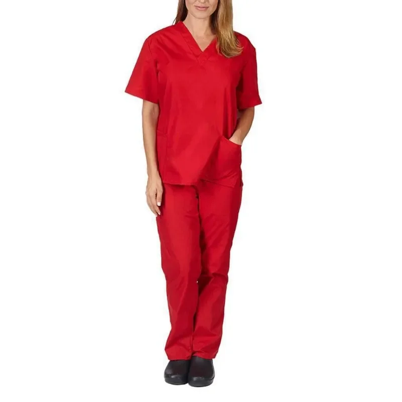European and American Solid Color Pocket V-neck Nursing Work Uniform Protective Clothing Nurse Uniform Two-piece Suit nurse uniform suits work uniform sets