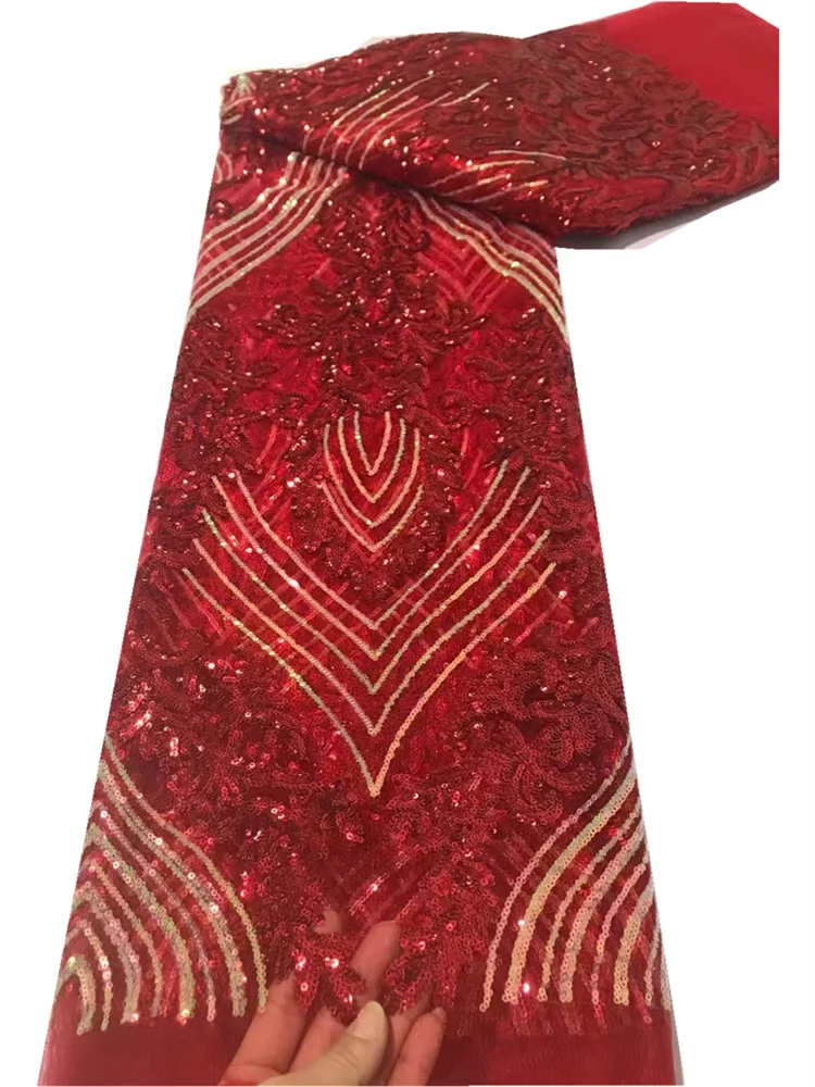 

Африканская Тюлевая Кружевная Ткань 5 ярдов, высокое качество, красная нигерийская Ткань для шитья свадебного платья для женщин FJ513