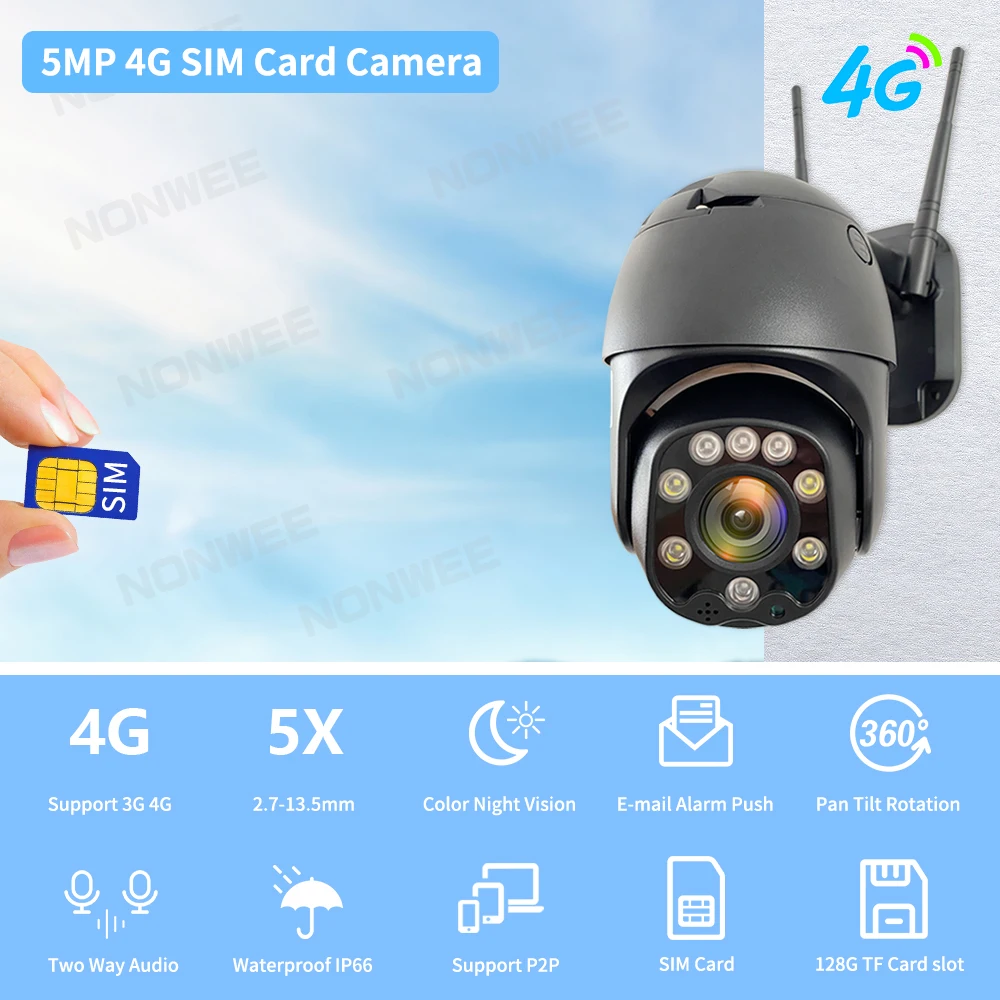 Wireless 4G SIM Card Security Camera 5MP PTZ Auto Tracking Outdoor