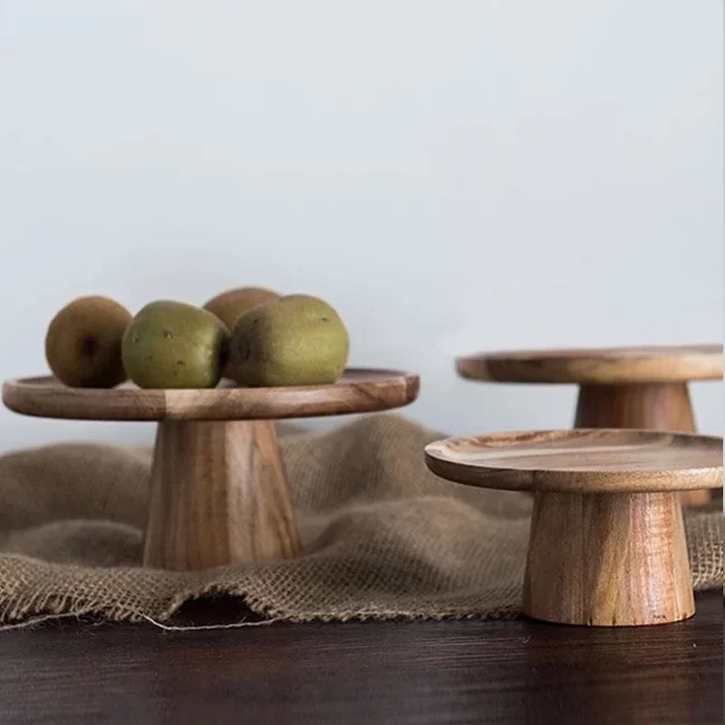Household Circular Solid Wood Trays Sushi High Foot Cake Plates Fruits Snacks Kitchen Tools