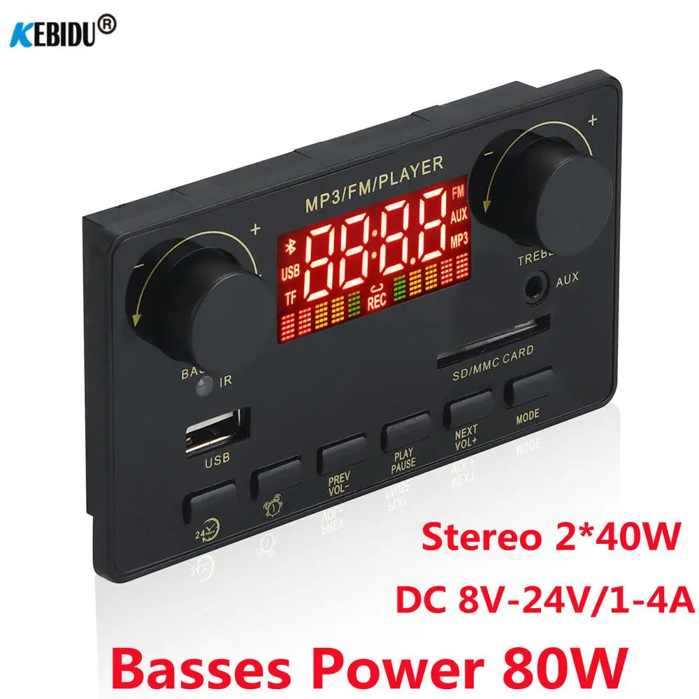 Amplificatore 40W Bluetooth 5.0 Lettore Mp3 80W Scheda Decodificatore Basso 12V Auto Fm Modulo Radio Supporto Tf Usb Aux Sveglia Sveglia Chiamata Reco