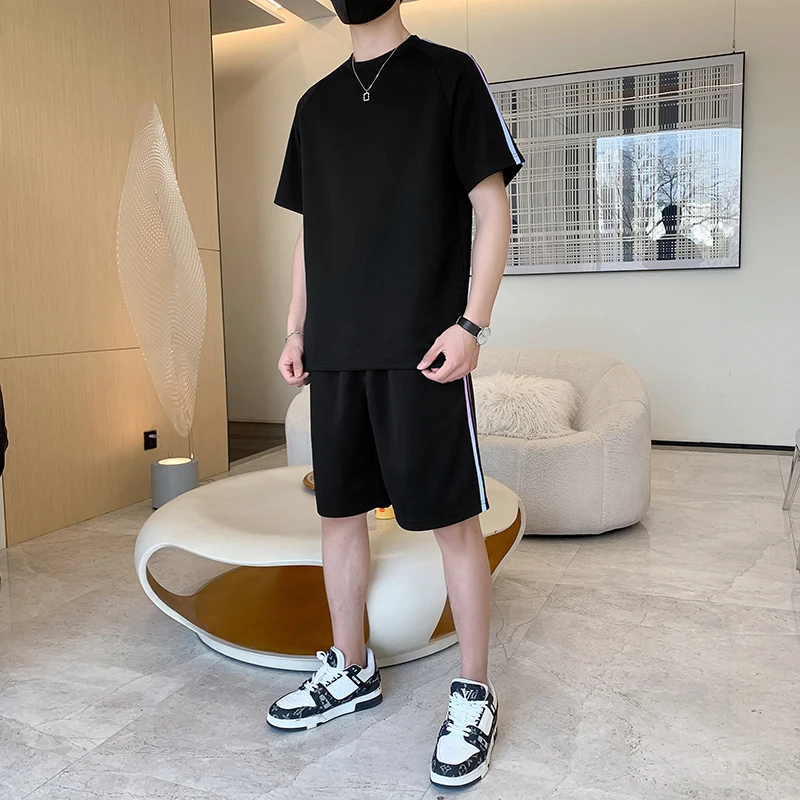 2024 Summer Casual Suit Men's Top 100% Fashion Cotton Short-sleeved Long Tracksuit Pants Street Wear 2-piece Men's Wear Shorts