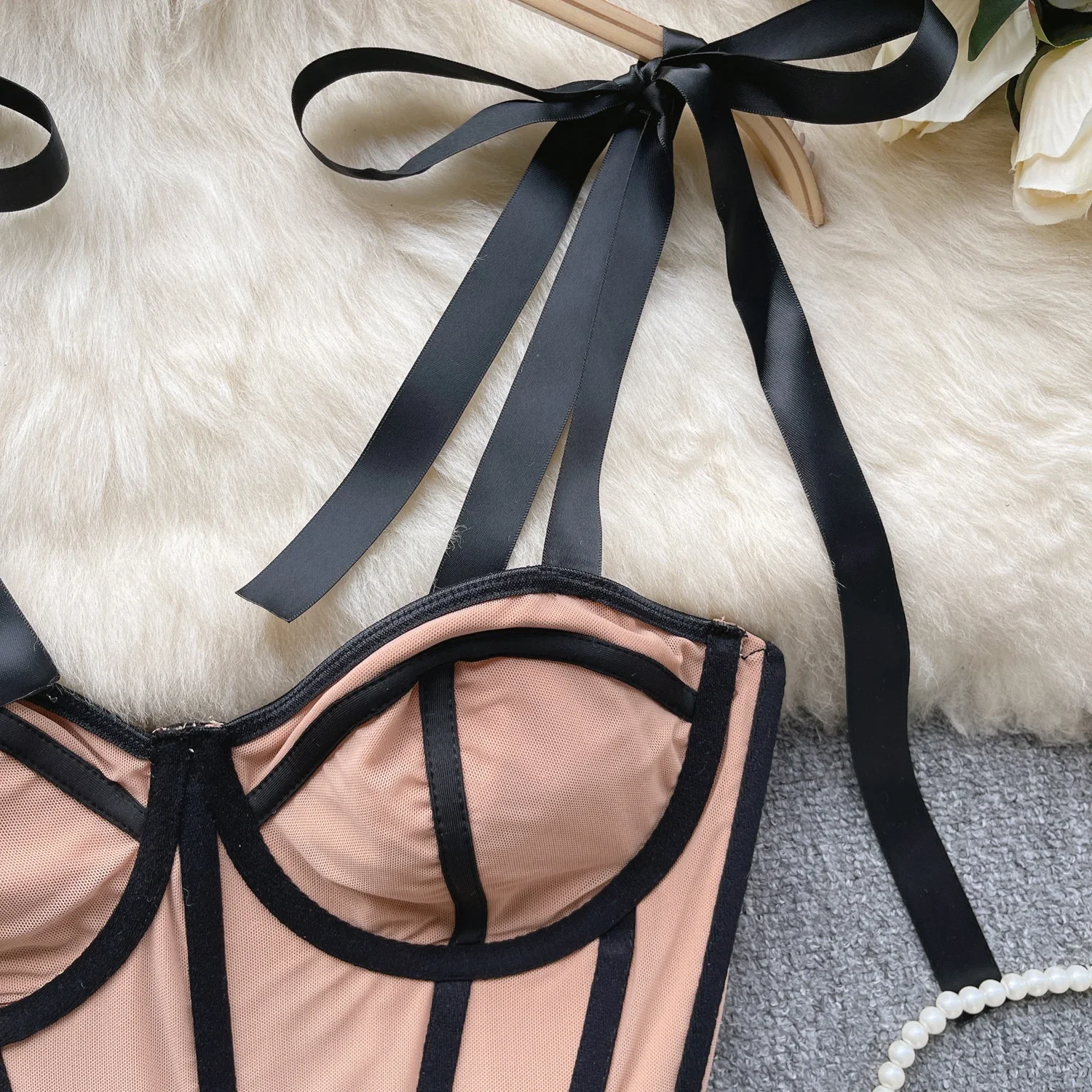 French Chic Bows Camisole Lace-Up Bra Patchwork Female Camis Tank Top Sleeveless Sheer Cropped Tops Women Clothes Dropshipping