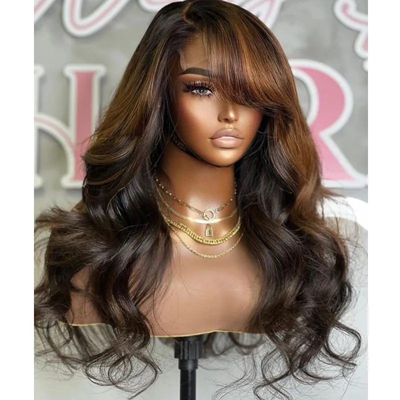 Side Heavy Bangs Light Brown 5x5 Lace Closure Human Hair Wigs for Black Women Pre Plucked 360 Lace Frontal Fringe Wigs Remy