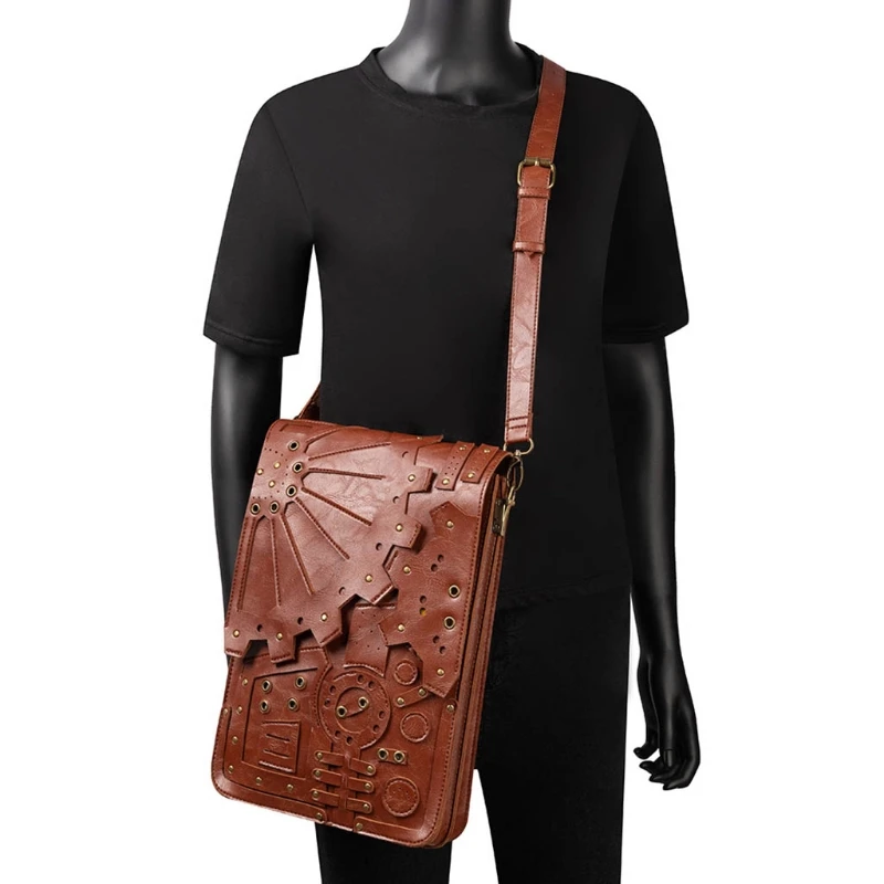 Steampunk Leather Bag Halloween Gothic Retro Briefcase Handheld Crossbody Shoulder Large Satchel School Bags for Men