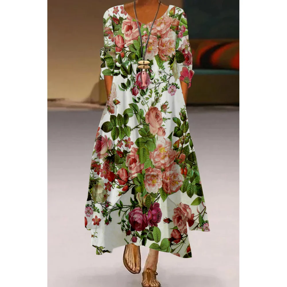 Long Sleeve High Waist Loose Floral Dress