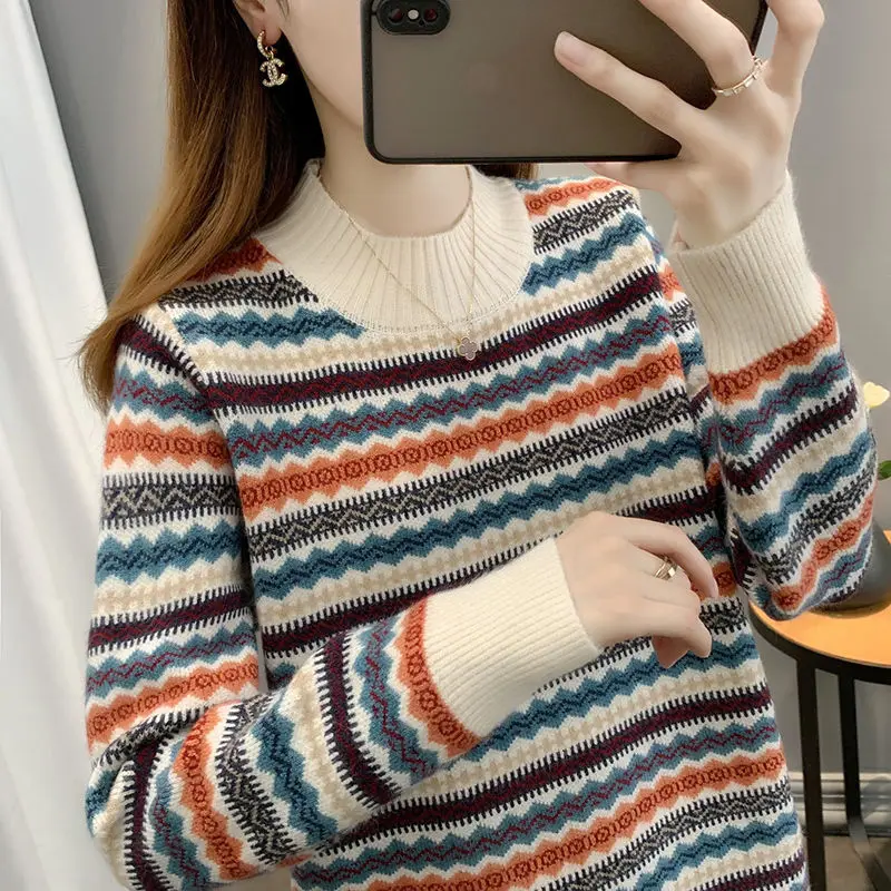 

Vintage Striped Printed Half High Collar Outwear Knitted Sweaters Autumn Winter Casual Long Sleeve Pullovers Top Female D111