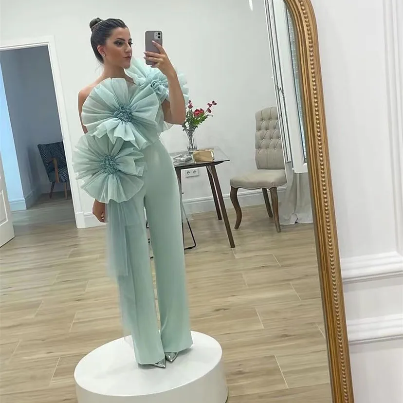 

Koendye One Shoulder Long Jumpsuits Women Wear Prom Handmade Flowers Zipper Back Wedding Guest Dress Pant Suits Evening Gowns
