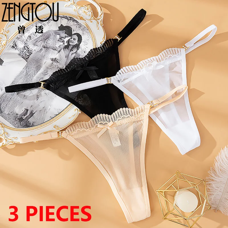 Seamless Panties Female Underwear Women Panties Womens Underwear ZENGTOU 3PCS/set Sexy Girls Thongs Women Low Waist Panties Sexy Perspective Underpants Mesh G-string Seamless Bow Female Lingere