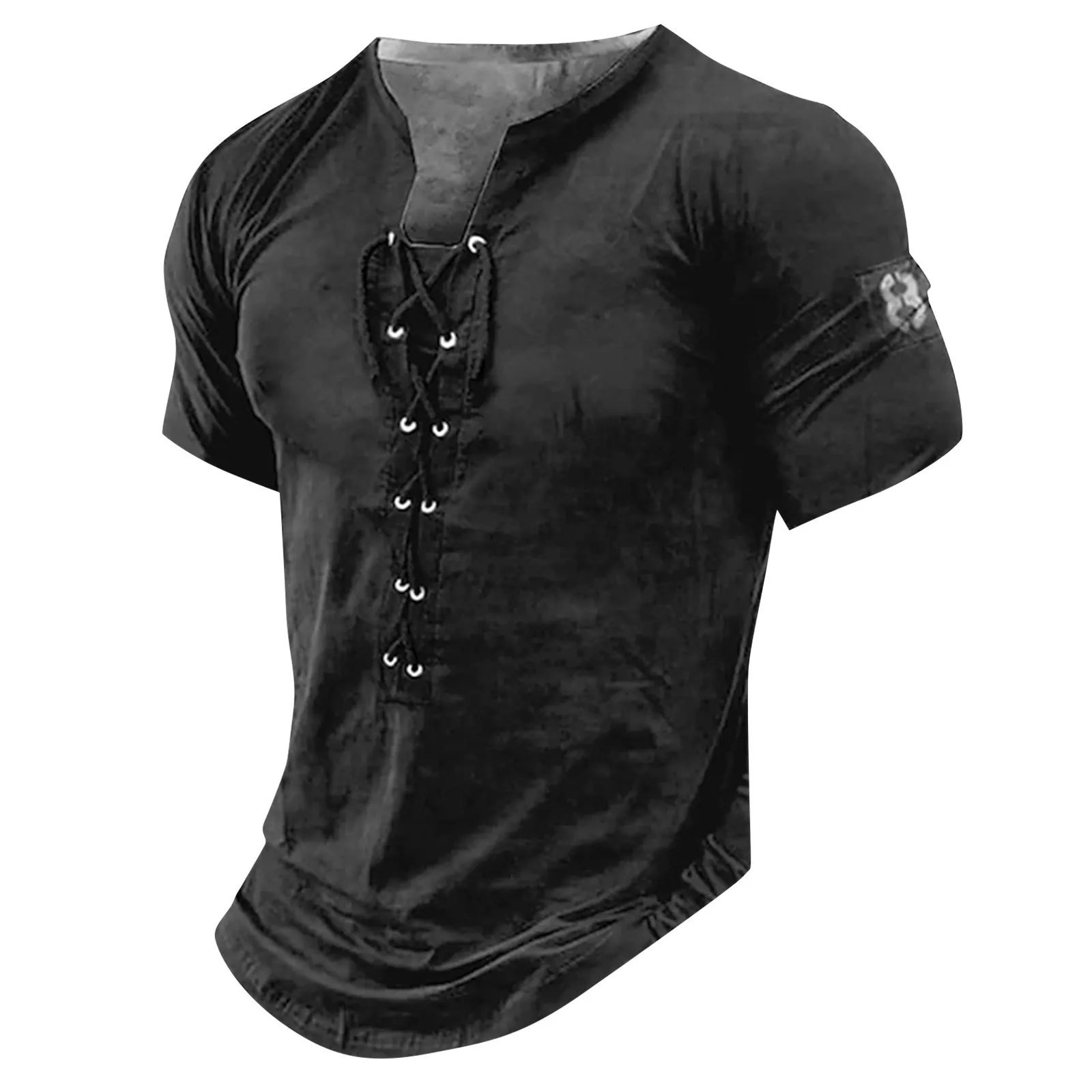 New Men V-neck Vintage T-shirt Short Sleeve Casual Cotton Tee Top Summer Fashion Lace Up 3D Digital Printed Tshirts Man Clothing