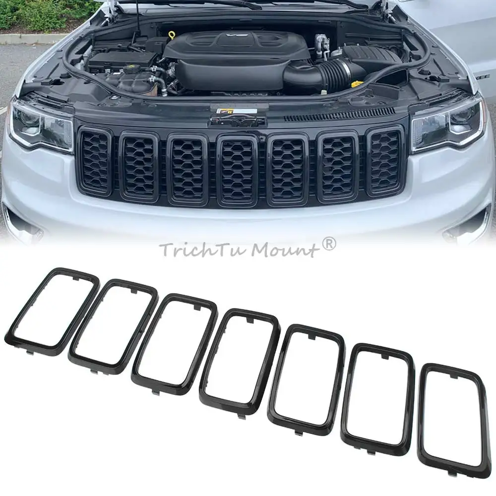 7PCS 블랙 프론트 그릴 그릴 삽입 링 트림 Jeep Grand Cherokee 2017 2018 2019 2020 2021 ABS 플라스틱