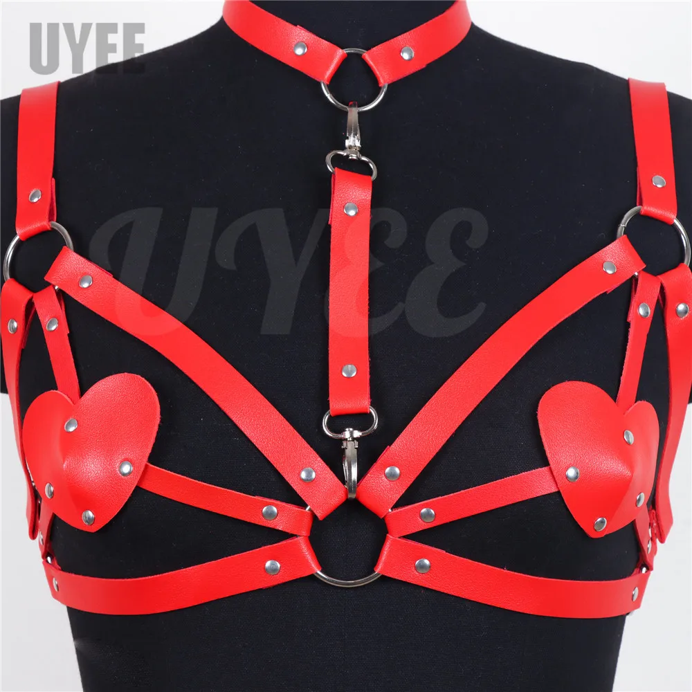 erotic lingerie Sexy Women Harness Bra PU Leather Heart Chest Patch Rave Outfit