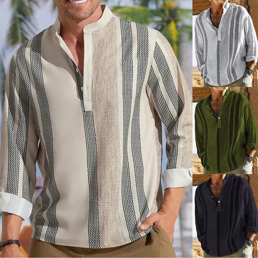 

2023 Summer Men Cotton T shirt Men Button Up Sleeve Long Sleeve Shirts Tee Hemp Striped Blouse Fashion Stand Collar Loose Tops