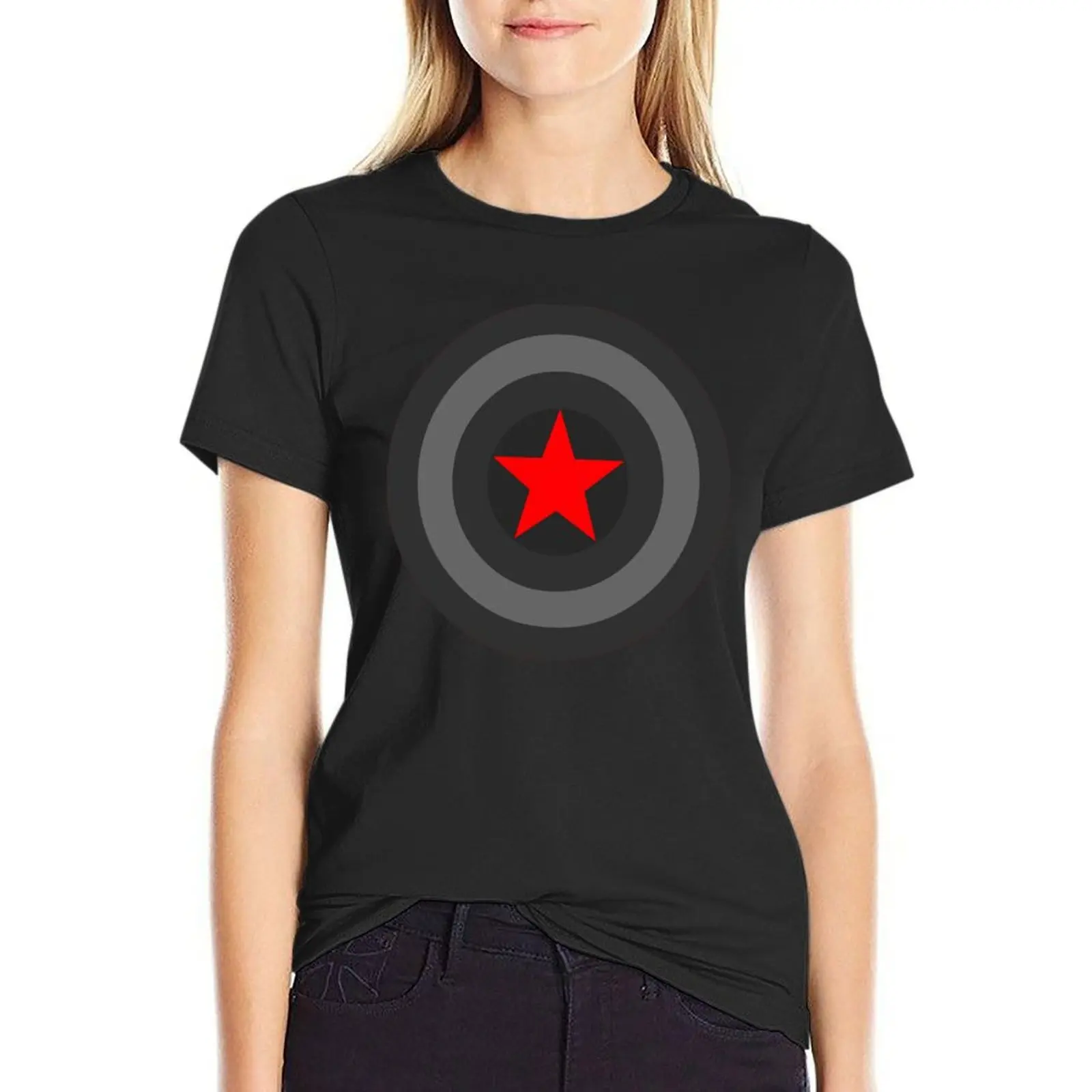 Black and White Shield With Red Star T-Shirt sweat anime clothes cute tops Women t shirt