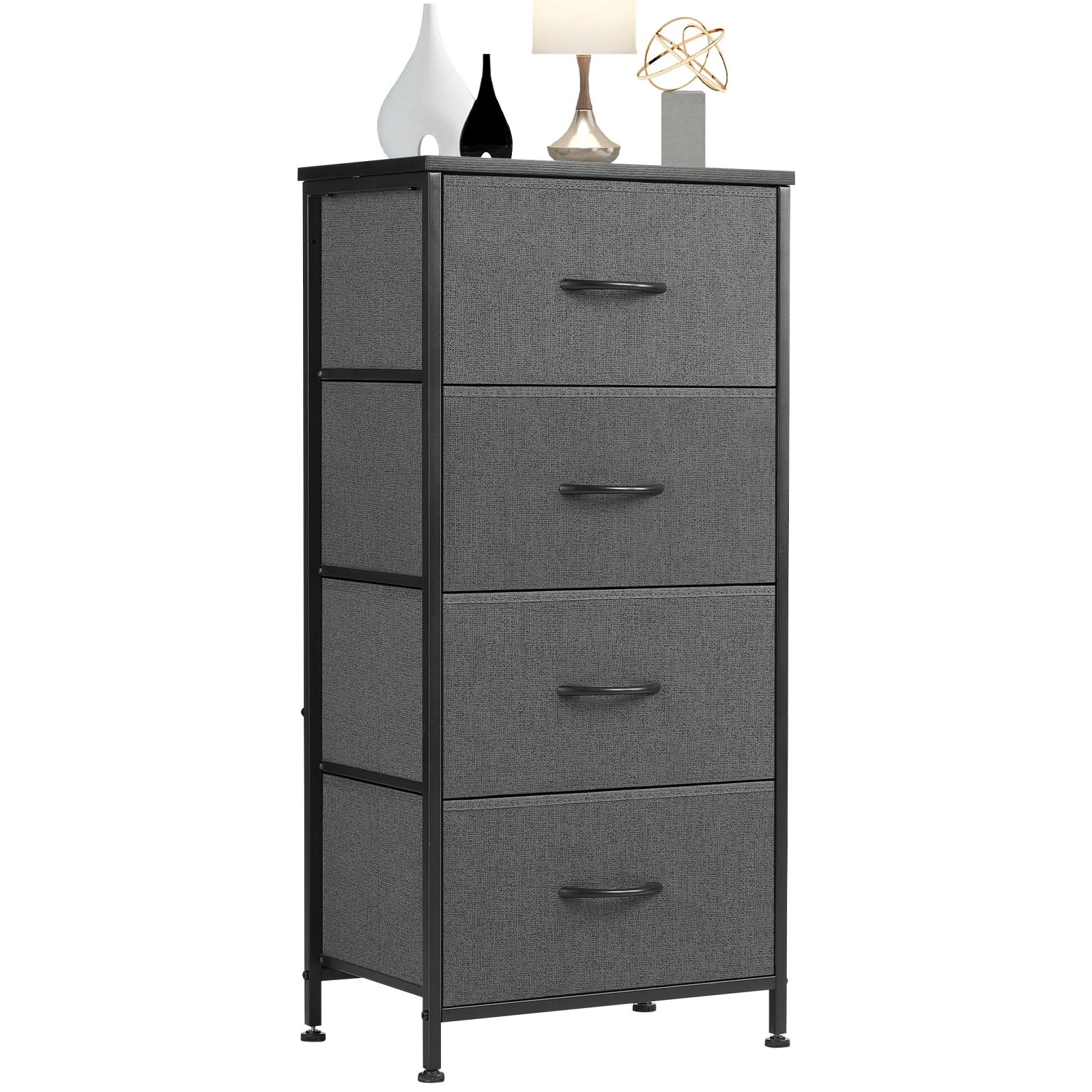 JHK Dresser For Bedroom With 4 Fabric Drawers Nightstand Wardrobe Steel Frame Closet For Clothes Storage Cabinet Of Furniture — GRAY