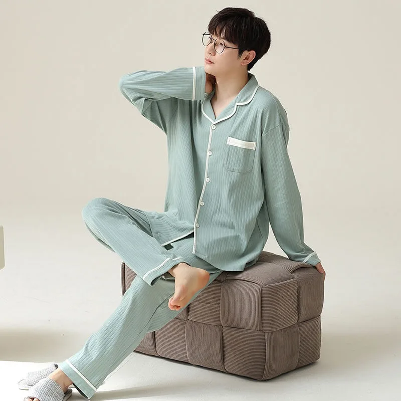 2023 New Men Pajamas Spring Autumn Loungewear Cotton Long Sleeve Boys Cotton Homewear Suit V-neck Loose Casual Nightwear