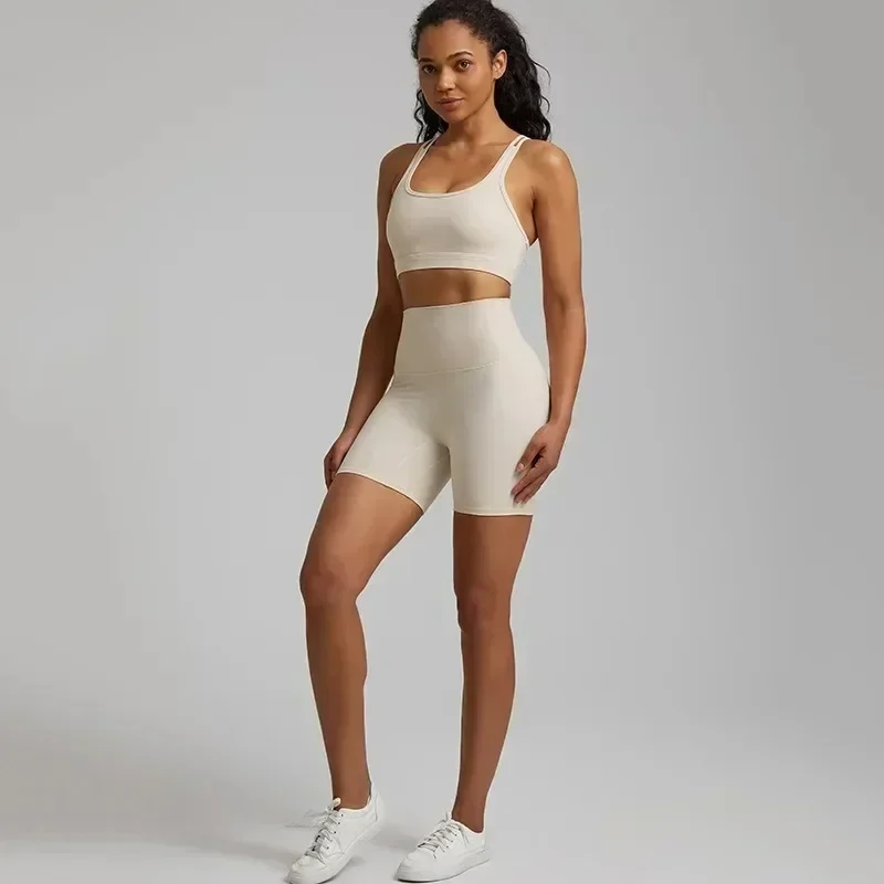 Lemon Soft Women Sport Suit High Waist Shorts Cross Fitness Bra 2pc Short Legging Yoga Set Gym Workout Training Hollow Out