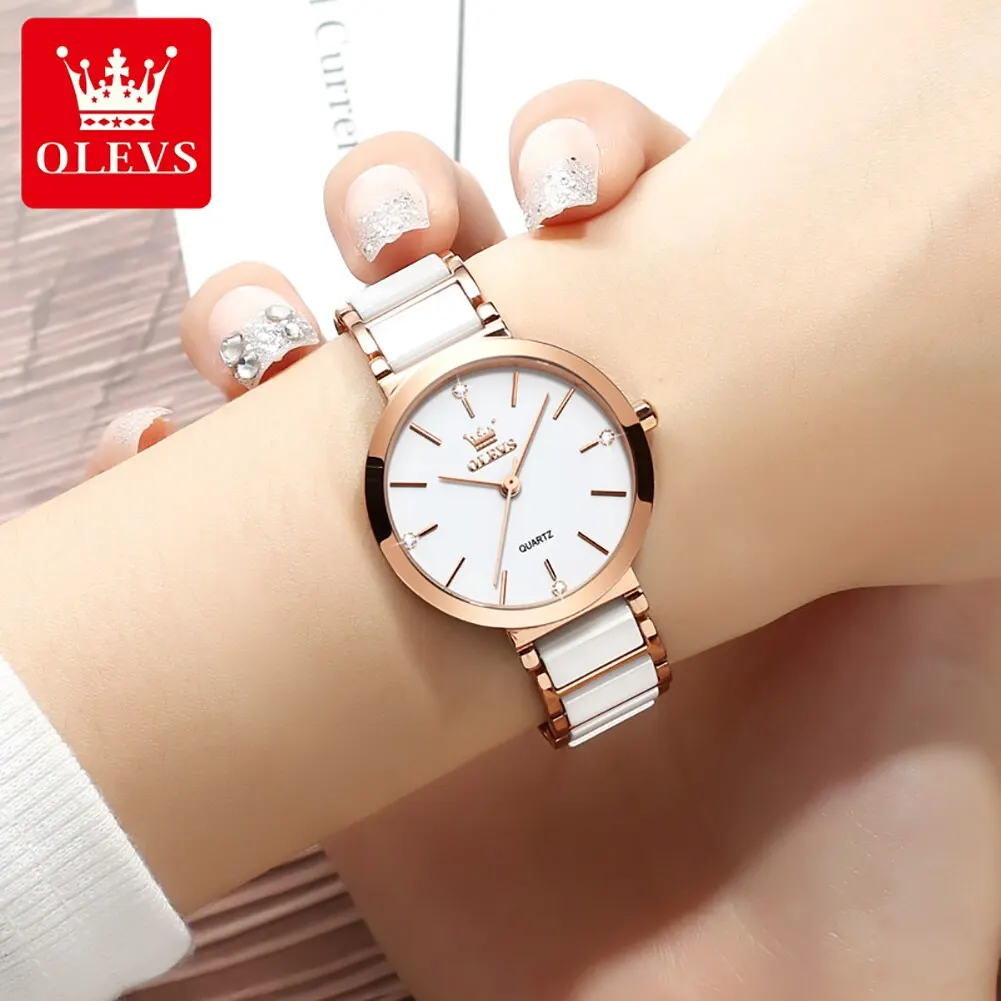 OLEVS Fashion Women Watches Relogio Feminino Luxury Rose Gold Watch Ladies Quartz Wrist Watch Ceramic Strap Clock Reloj Mujer images - 6