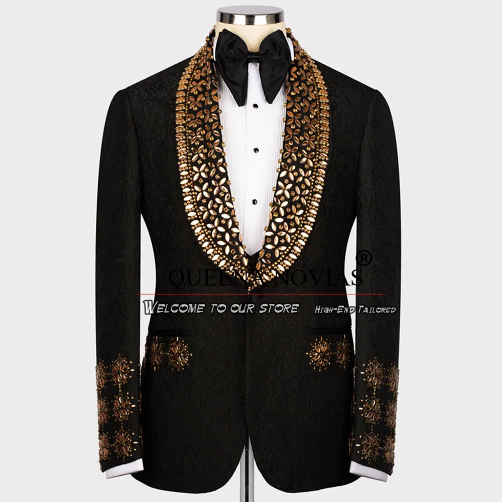 Boy Golden Diamond Stone Suits Formal Party Shawl Lapel Jacquard Jacket Vest Pants 3 Pieces Children Tuxedo Tailored Kid&rsquo;s Dress